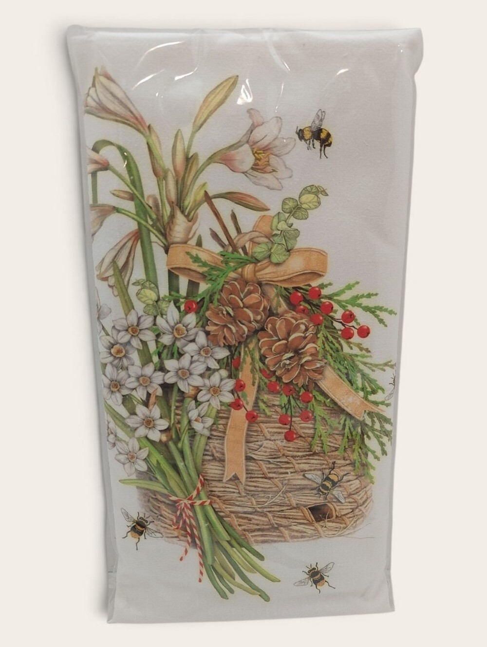 NEW Flour Sack Cotton Towel Floral Pinecone Basket Print Tea White Giftable